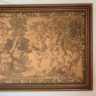 Antique Framed Tapestry Cherub Angels Musical Textile Art Large 59” x 22 1/2” 3