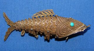 Vintage Articulating Fish Snuff Box Pendant W/turquoise Eyes In Sterling