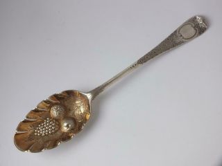 Pretty Antique George Ii Solid Sterling Silver Berry/ Fruit Spoon 1734/ 20.  5 Cm