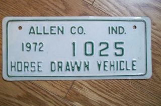 Single Indiana License Plate 1972 Horse Drawn Vehicle - Amish Buggy Allen County