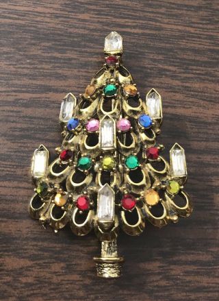Vintage Signed Hollycraft Rhinestone Christmas Tree Pin Brooch Xmas