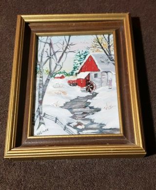 Vintage Painting Red Barn Country Living Framed Marge Hilmer 1956 Winter Snow