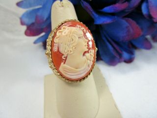 Vintage " Amedeo " Carved Shell Cameo Ring Big Ornate Size 8 Ring