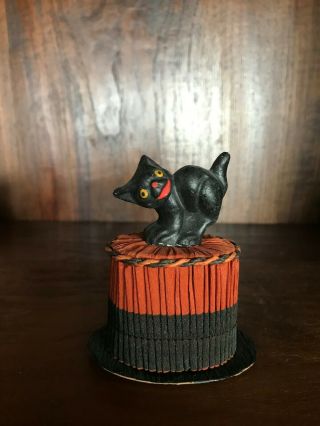 Antique Vintage Halloween Black Cat & Top Hat Paper Mache Candy Container Rare