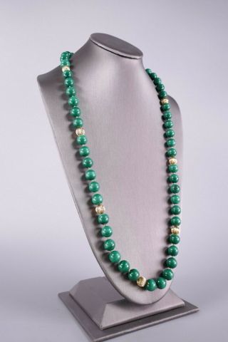 Fine Old Chinese Carved Malachite & 14k Gold Beads Necklace Jewelry