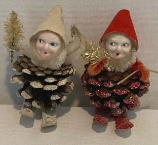 Vintage German Pinecone Christmas Elf Gnome Ornament Ski Bottle Brush Tree