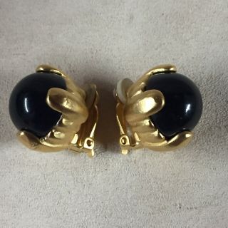Vintage Givenchy Gold Tone Blue Glass Clip On Earrings