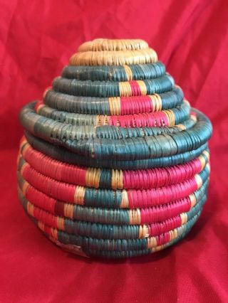 Vintage Native American Basket With Lid Coiled Multi - Color