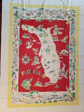 Vintage Florida Map Table Cloth Red Yellow Blue,  65 " By 46.  5 " Pre Disney