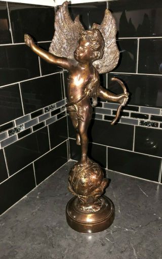 Vintage Bronze Cherub/putto Statue On Celestial Globe Holding A Bow 17 " Tall