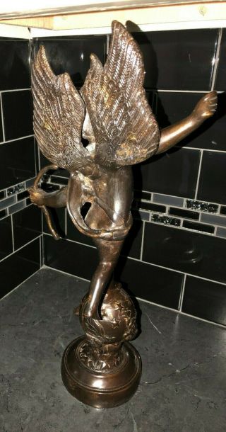 vintage bronze cherub/putto statue on celestial globe holding a bow 17 