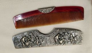 Vintage HANS JENSEN DENMARK Repousse Scene Silverplate Comb in Case 2