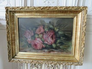 Exquisite Old Antique Rose Oil Painting Pink Roses Barbola Frame