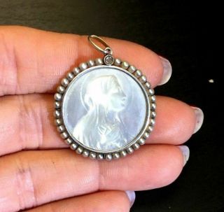 Gorgeous Antique 18k Yellow Gold And Mother Of Pearl Virgin Religious Pendant