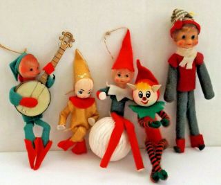 5 Vintage Pixie Elf Christmas Ornaments 3 1/2 " - 6 " Long