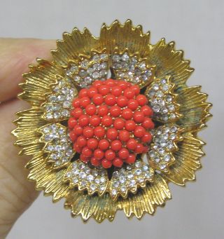 Vtg Jewelry Pendant Brooch Faux Coral Beads Rhinestones Goldtone Flower