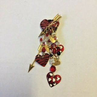 Vintage Signed Lunch At The Ritz Mixed Metals Red Enamel Hearts Pin Brooch