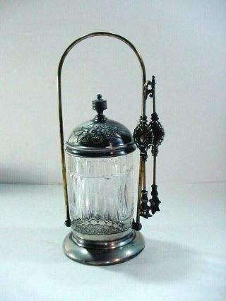 Antique Victorian Wilcox Silver Plate Glass Pickle Jar / Caster Jar & Tongs 0695