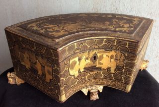 ANTIQUE CHINESE TEA CADDY 19thC LACQUERED WOOD GOLD GILD HAND PAINTED ARTWORK 2