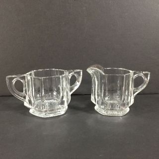Vintage Art Deco Clear Cut Glass Creamer And Sugar Bowl With Handles