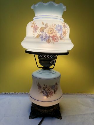 Vintage Large Electric Hurricane Lamp Blue Floral 20” Accurate Casting Co Gwtw
