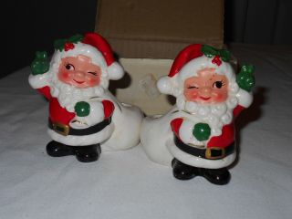Vintage Pair Winking Peace Earthen Santa Claus Candle Holders & Box Made Japan
