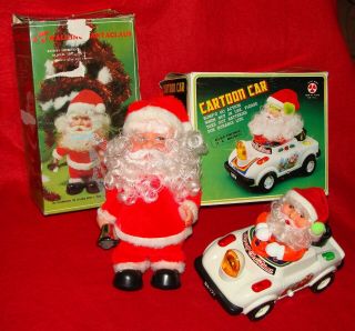 2 Vintage Battery Operated Christmas Santa Claus Toys Cartoon Car Walking Santa
