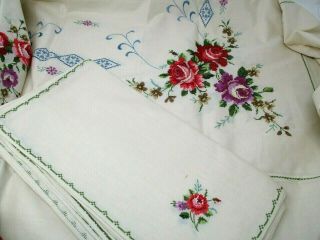 Vintage Tablecloth And 12 Napkin Set Floral Roses Cross Stitch 66x115 Gorgeous
