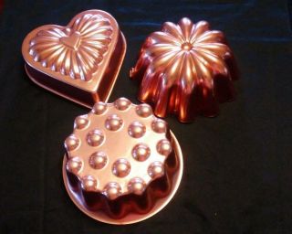 (3) Vintage Copper Aluminum Fluted And Heart Shape Jello Mold/ Decorative