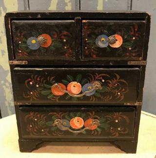 Vintage Painted Floral Wood Small 4 - Drawer Dresser Jewelry Trinket Box Japan