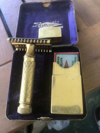 Antique 1922 Gillette Tuckaway Gold Plated Safety Razor Set Case Maine Blade