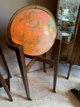 Large Deco 16” Lighted World Globe Wooden Stand Vintage Replogle Heirloom Base 2