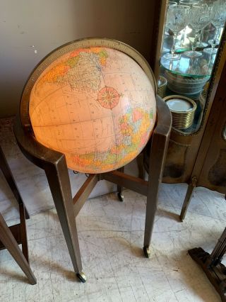 Large Deco 16” Lighted World Globe Wooden Stand Vintage Replogle Heirloom Base 3