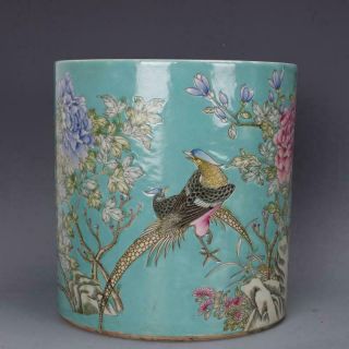 Fine Chinese Qing Dynasty Famille Rose Porcelain Bird Brush Pot