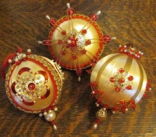 (3) Vtg Handmade Light Red & White Satin W/ Beads & Pearls Christmas Ornaments