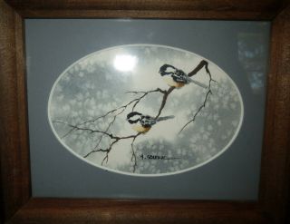 Signed Vintage Miniature 4 Inch Painting - Sparrow Birds In Snowscape
