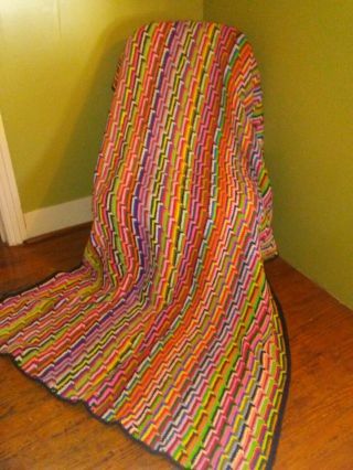 Vintage Handmade Crochet Blanket Afghan Throw Rainbow Retro Hippie 60 " X 92 "