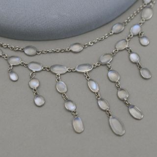 Antique Victorian Edwardian Sterling Silver Moonstone Bezel Set Drop Necklace