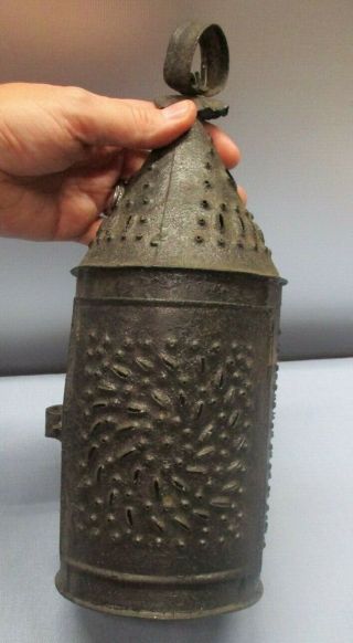 - Early Antique Punched Pierced Tin Barn Candle Lantern Primitive Hand Made - 12.  5 "