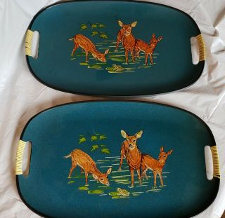 Vintage Set Of 2 Lacquerware Oval Serving Trays Made In Japan Deer Drinking