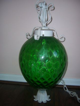 Vtg Large Emerald Green Optic Glass Diamond Mid Century Modern Swag Lamp Light