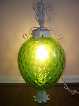 Vtg Large Emerald Green Optic Glass Diamond Mid Century Modern Swag Lamp Light 2