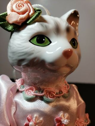 Cat Porcelain Doll,  Vintage Christmas Hanging Ornament Pink Dress