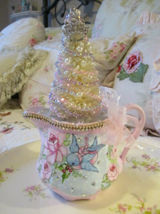 Shabby Chic Hand Painted Roses - Vintage Creamer With Bottle Brush Tree - Pink