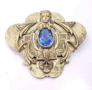 Antique Vintage Art Deco Nouveau Egyptian Blue Glass Unique Large Pin Brooch