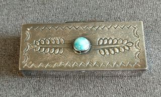 Vintage Navajo Handstamped Sterling Silver & Turquoise Box Signed Ml