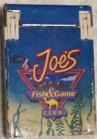 Vintage Camel Lights Joe ' s Fish & Game Club Cigarette Lighter Flip Top Hard Pack 2