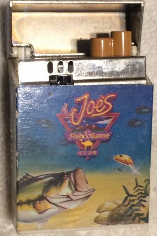Vintage Camel Lights Joe ' s Fish & Game Club Cigarette Lighter Flip Top Hard Pack 3