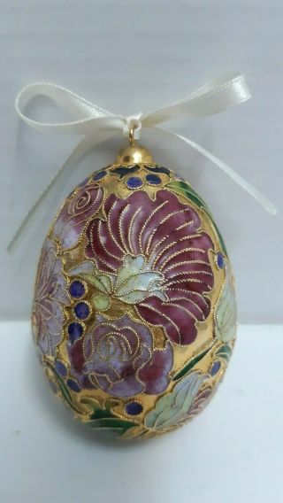 Vintage Enamel Floral Christmas Easter Egg Ornament Gold Cloisonne