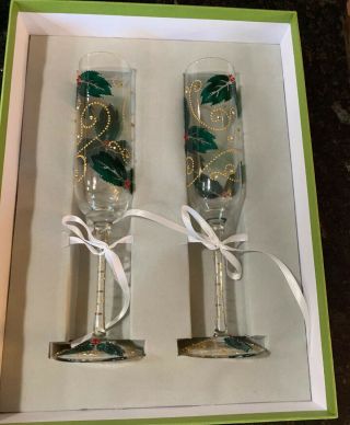 Rare Set Of Two Vintage Christmas 10 1/4 " Champagne Flutes Hand Painted